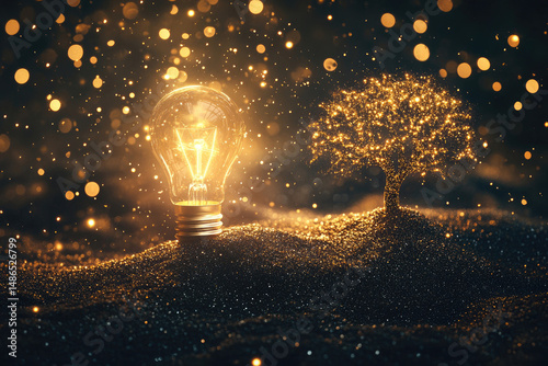 A luminous lightbulb and tree shimmer with golden sparks on a dark, grainy background