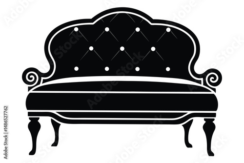 Black Silhouette of Tufted Loveseat with Curled Armrests and Cabriole Legs Design