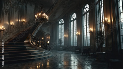 Grand Staircase in Luxurious Interior with Elegant Chandeliers and Ornate Decorations