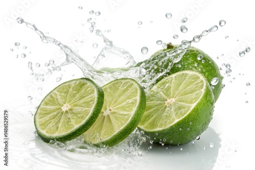 Fresh Lime Slices Splash in Clear Water Against a White Background Generative AI