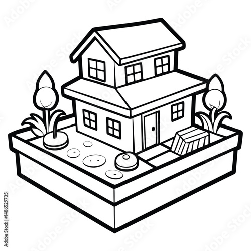 House Drawing: Simple Home Design & Landscaping Sketch Coloring Page