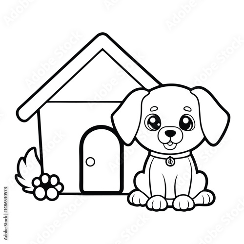 Cute Puppy & Dog House  Coloring Page