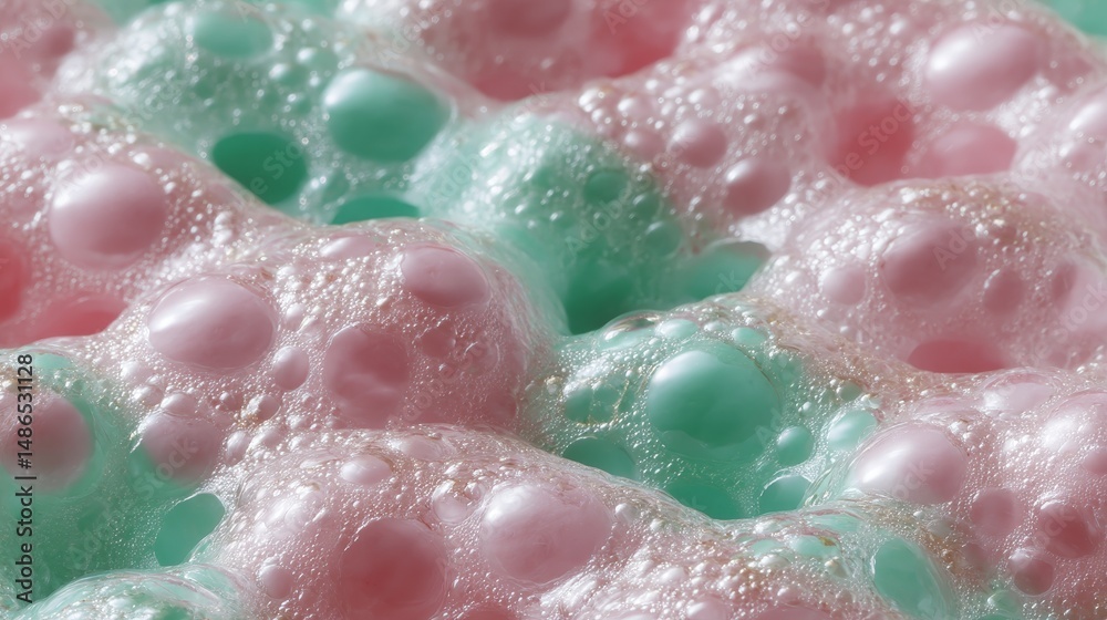 Obraz premium Close-up of colorful pink and green soap bubbles with shiny texture