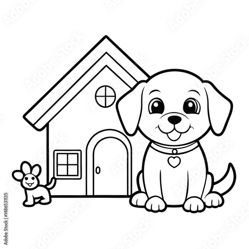 Adorable Puppy & Dog House Coloring Page: Free Printable Coloring Page