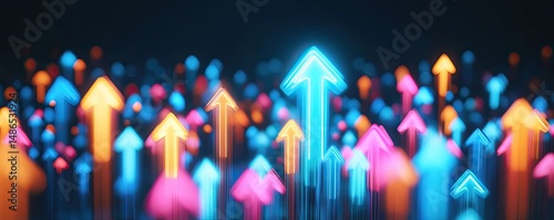 Multicolored upward arrows, representing growth and progress.  A vibrant, abstract graphic showcasing many  glowing arrows  pointing upward, symbolizing an increasing trend