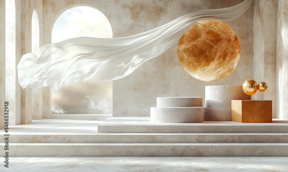 Obraz premium Elegant, modern interior scene with draped fabric and geometric forms.