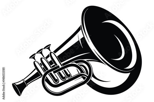 Stylized Black and White Illustration of a Tuba, Brass Instrument, Musical Tool
