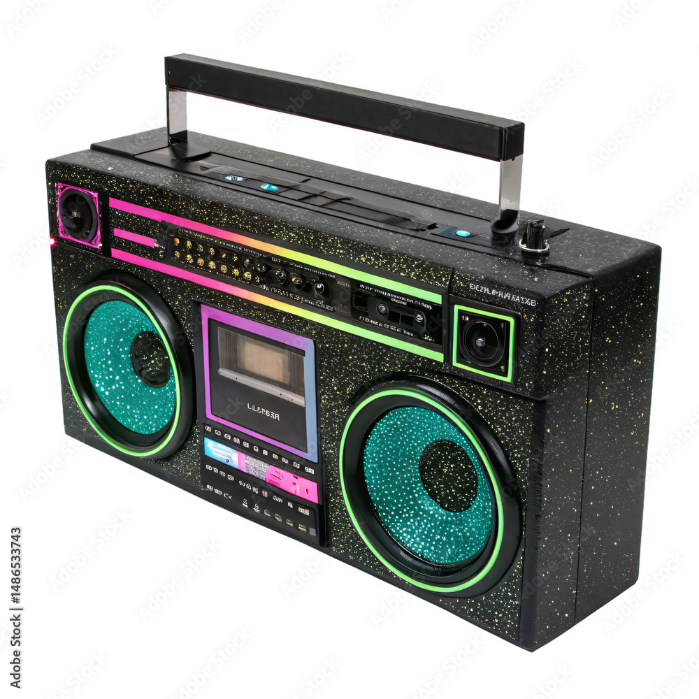 Obraz premium airbrushed black and neon glitter boombox, 90s vibes, isolated png transparent background