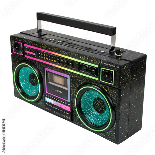 airbrushed black and neon glitter boombox, 90s vibes, isolated png transparent background