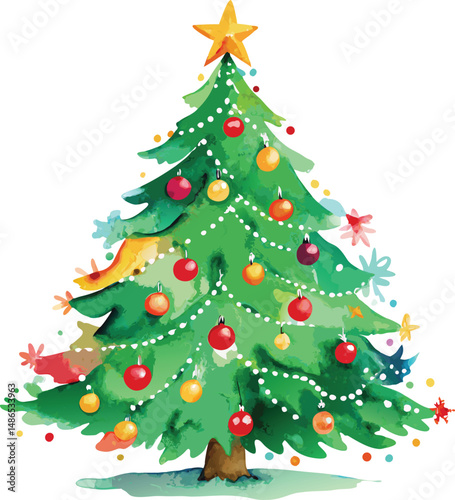 Watercolor Christmas Tree with Ornaments and Star