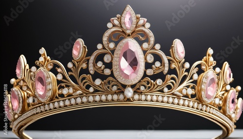 a majestic gold tiara is embellished with delicate pink and white gemstones radiating a sense of royalty and elegance