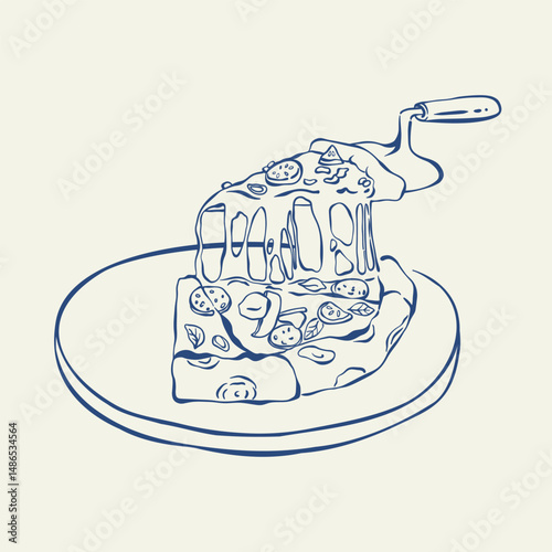 Pizza slices on plate and on pizza spatula hand drawn ink sketch. Italian food for menu, card, poster, packaging. Pizza slice with salami, tomatoes, melted cheese, basil. Vector line art illustration.