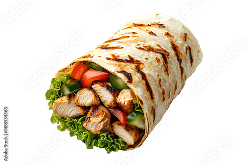 Delicious chicken shawarma wrap isolated on a transparent background.