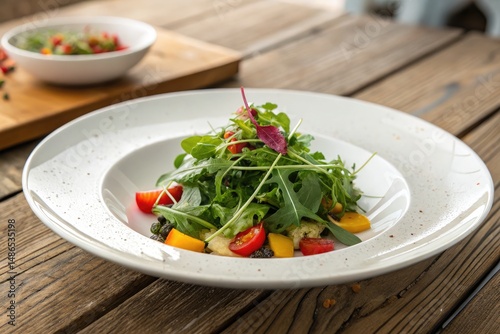 Fresh Salad Served on a White Plate by Wooden Table Generative AI