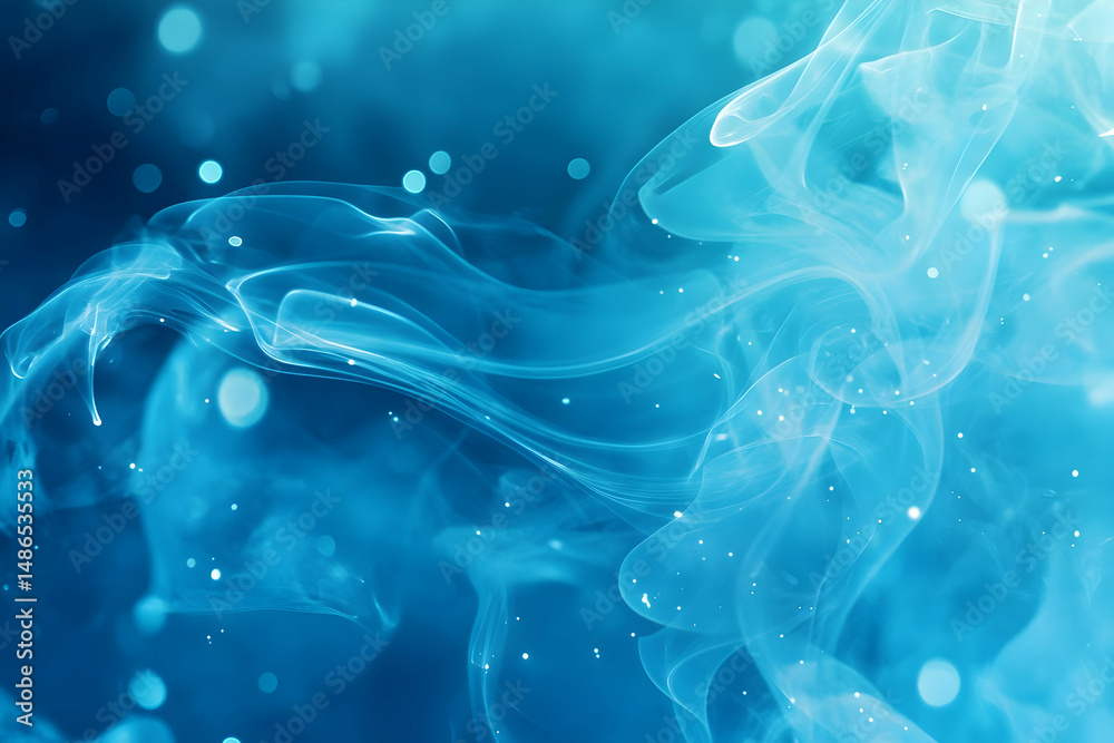 Obraz premium Abstract blue smoke swirls with light particles against a dark background.