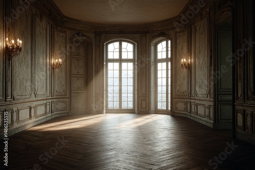 Empty room with large windows and light streaming in, ornate wall paneling.