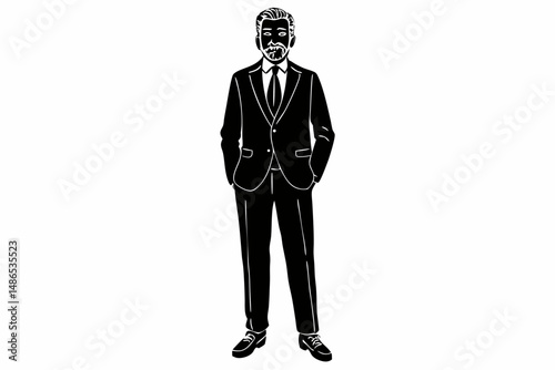 Stylish black and white illustration of a mature man in a classic business suit with hands in pockets
