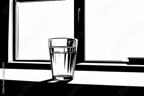 Black and white minimalist still life of glass and window with high contrast lighting, abstract composition
