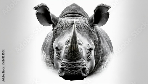 detailed black and white rhino face on a white background
