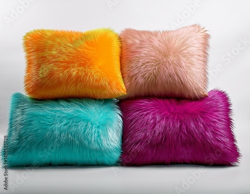 a quartet of fluffy pillows in assorted colors on a plain white background