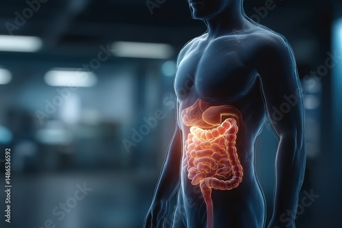 Detailed illustration of human digestive system highlighting internal organs in a clinical setting