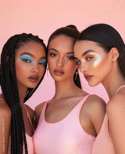 Three models showcase vibrant makeup in soft pastel hues against a pink backdrop during a creative photoshoot with artistic flair