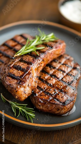 Grilled steaks, seasoned and ready to eat