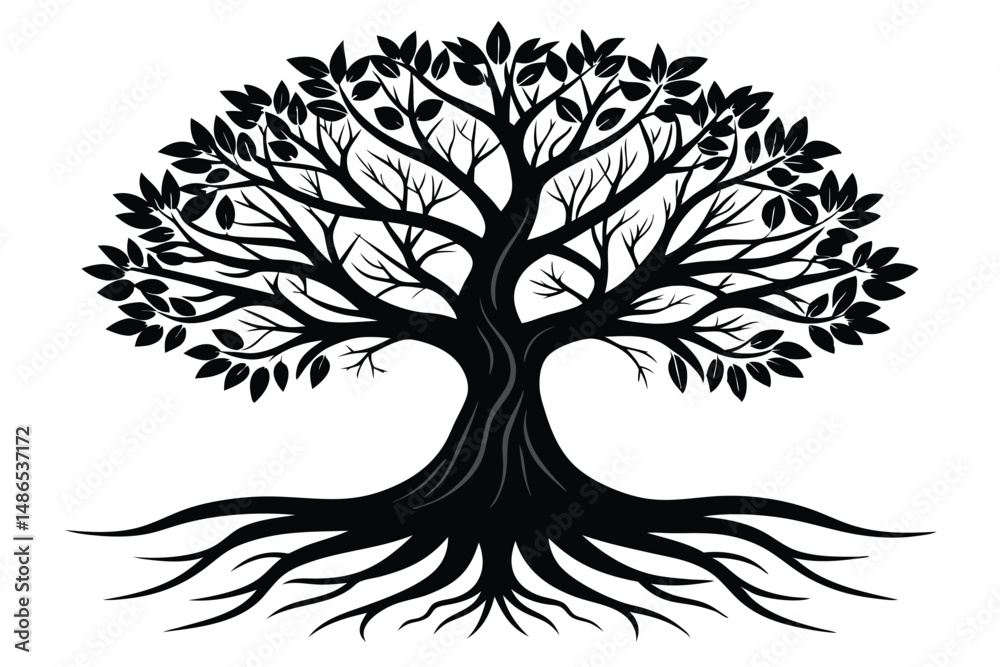 Obraz premium Silhouette Tree Illustration with Roots, Branches and Leaves, Isolated Nature Graphic