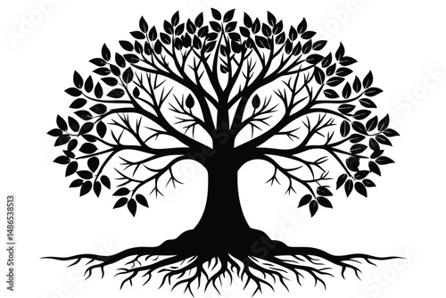 Isolated Silhouette of a Lush, Leafy Tree with Intricate Root System