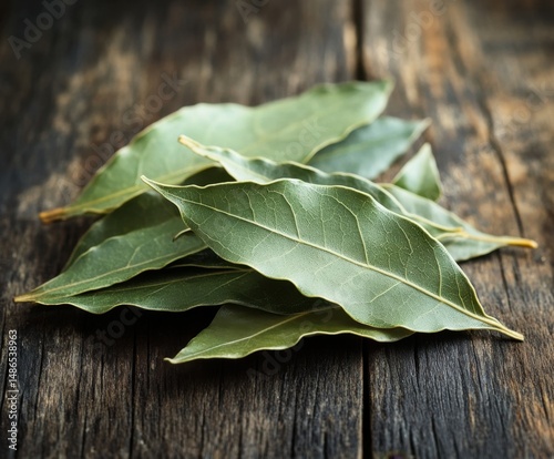 Fresh organic bay leaves on rustic wooden table, with copy space