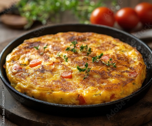 Spanish tortilla or Spanish omelette on the kitchen table
