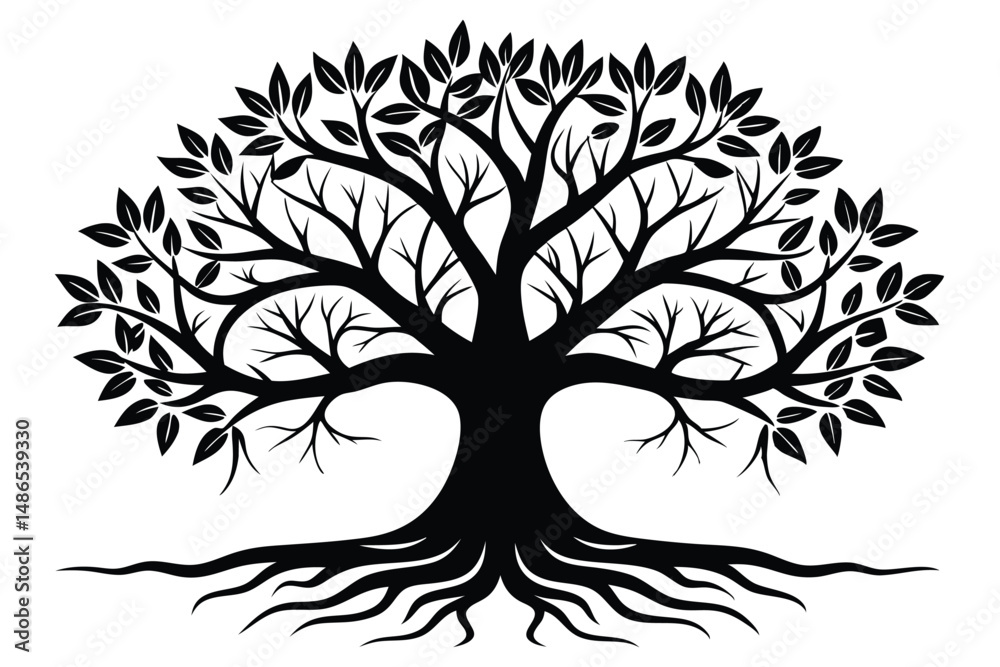 Obraz premium Silhouette Vector Image of a Tree with Leaves, Branches and Roots Design