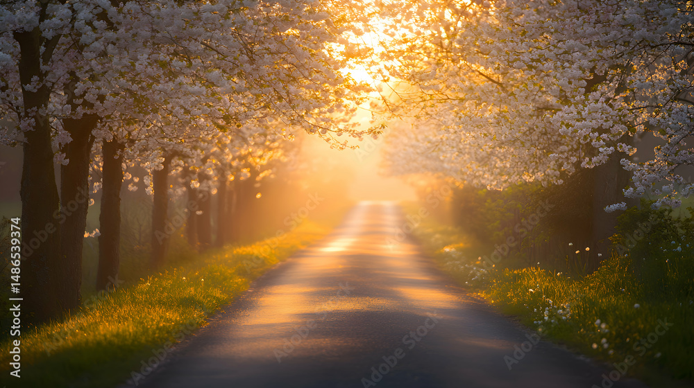 Obraz premium A scenic drive along a countryside road lined with blossoming cherry trees and soft sunlight streaming through