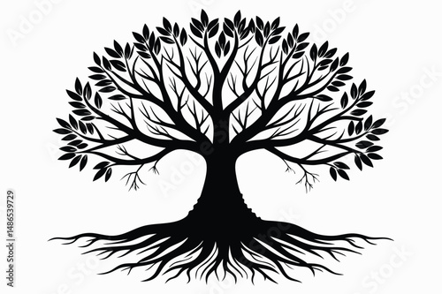 Silhouette of a Tree with Leaves and Roots Vector Graphic Illustration