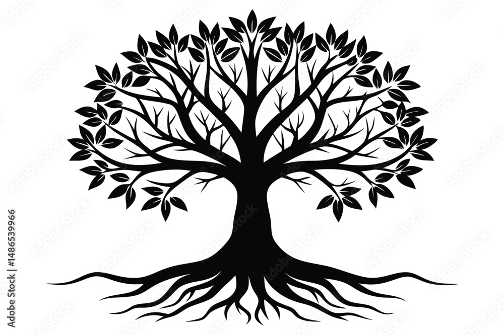 Obraz premium Black Vector Tree Silhouette with Leaves and Roots Illustration Symbolism Nature Design