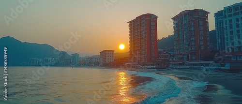 Coastal city skyline at sunset, sun dipping below horizon, reflecting on calm sea. Buildings line sandy beach, mountains in background
