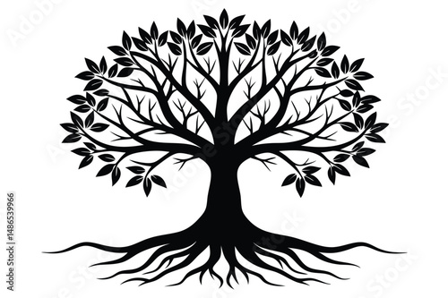 Black Vector Tree Silhouette with Leaves and Roots Illustration Symbolism Nature Design