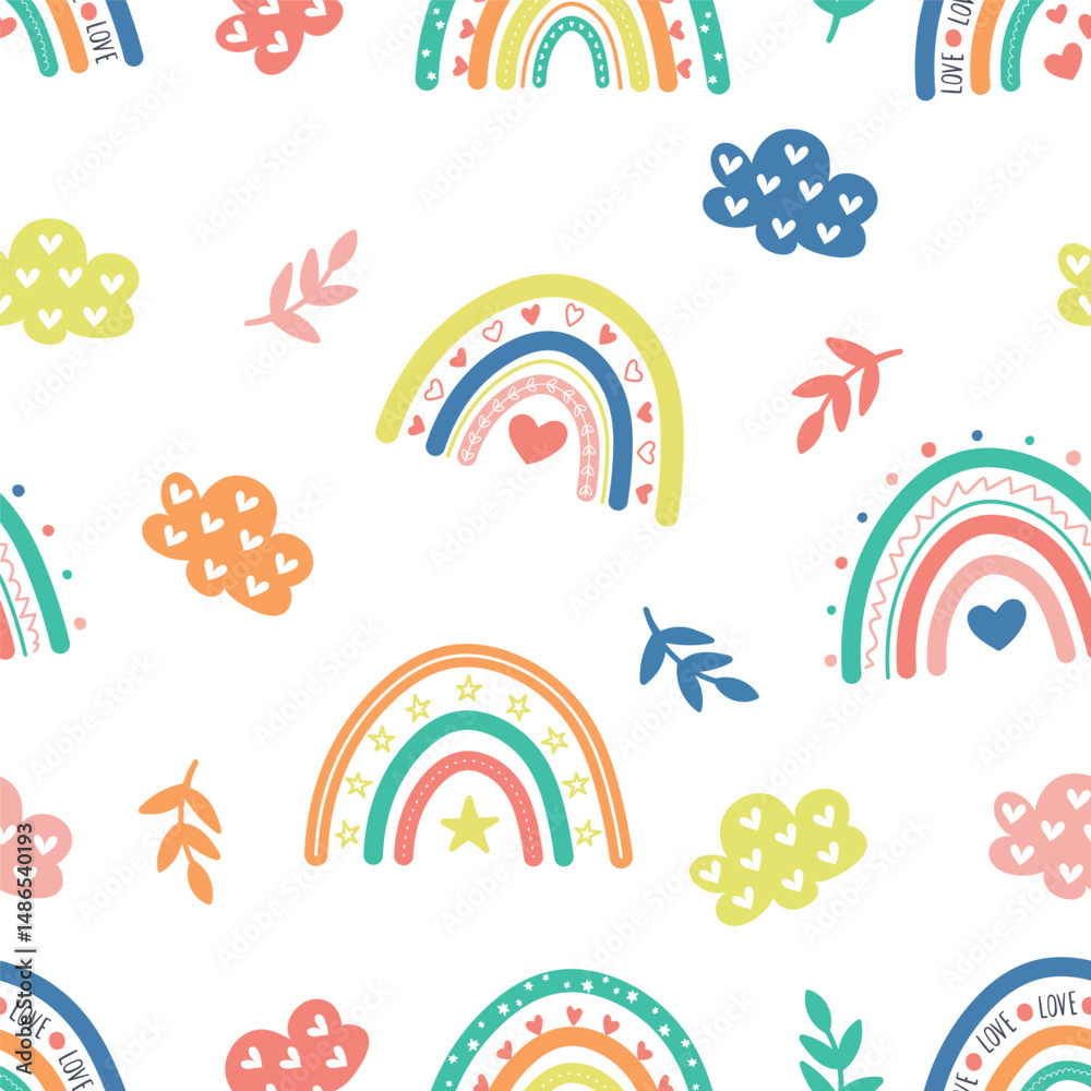 Fototapeta premium Cute hand-drawn boho rainbow nursery seamless pattern background wallpaper. kids cartoon playful doodle digital paper colorful backdrop