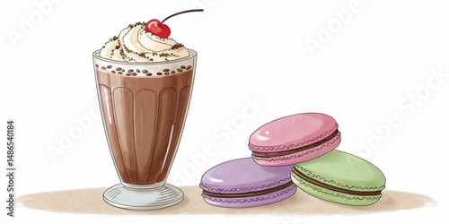 Milkshake, chocolate, 3 macaron.