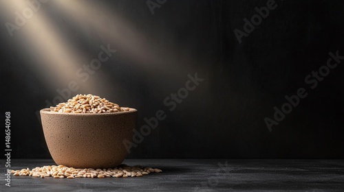 Raw Organic Grains in a Clay Bowl, Illuminated by Sunlight