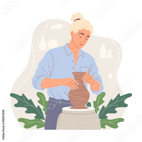 Young artist man creating pottery on a wheel. Creative hobby and handmade craft concept. Inspiring vector hand drawn flat illustration of a pottery workshop. Ceramic art process.
