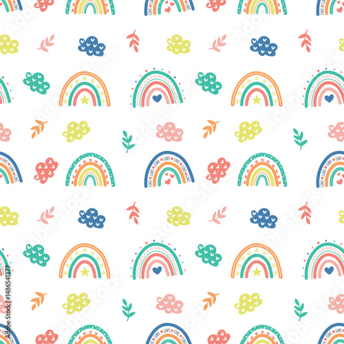 Cute hand-drawn bright boho rainbow nursery seamless pattern background wallpaper. kids cartoon playful doodle digital paper backdrop