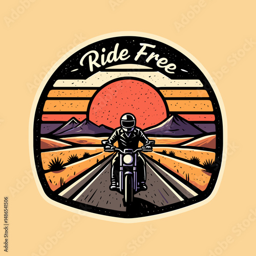 Motorcyclist riding road with sunset and mountains in retro style