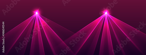 Pink lasers background., glowing rays or neon beams, bright futuristic backdrop. Concert or nightclub spotlights. Vector illustration.