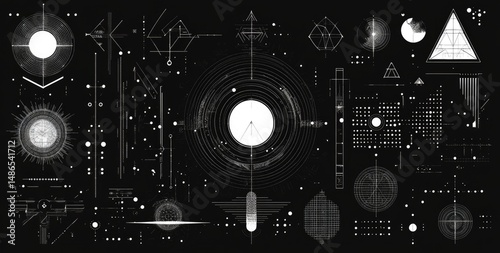 Abstract digital interface. Complex system of interconnected graphic elements.  Geometric shapes, light effects, and data visualizations create a futuristic display