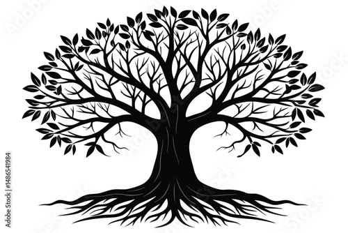 Silhouette of a Detailed Black Tree with Leaves and Roots Artistic Design