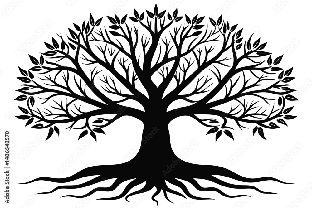 Fototapeta premium Silhouette Vector Illustration of Tree with Roots, Branches, and Leaves Design