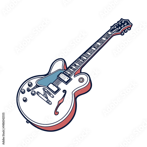 Guitars vector art illustration. Electric and acoustic, bass, Cartoon music instrument, rock jazz guitar silhouette, music band guitars set of different colors vector.