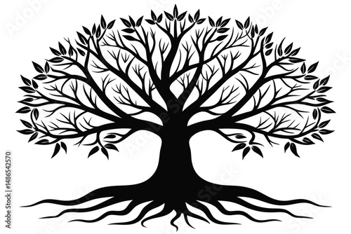 Silhouette Vector Illustration of Tree with Roots, Branches, and Leaves Design