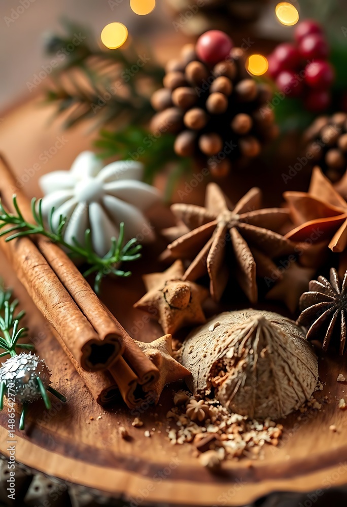 wooden plate topped with spices and cinnamons wooden plate topped with spices and cinnamons